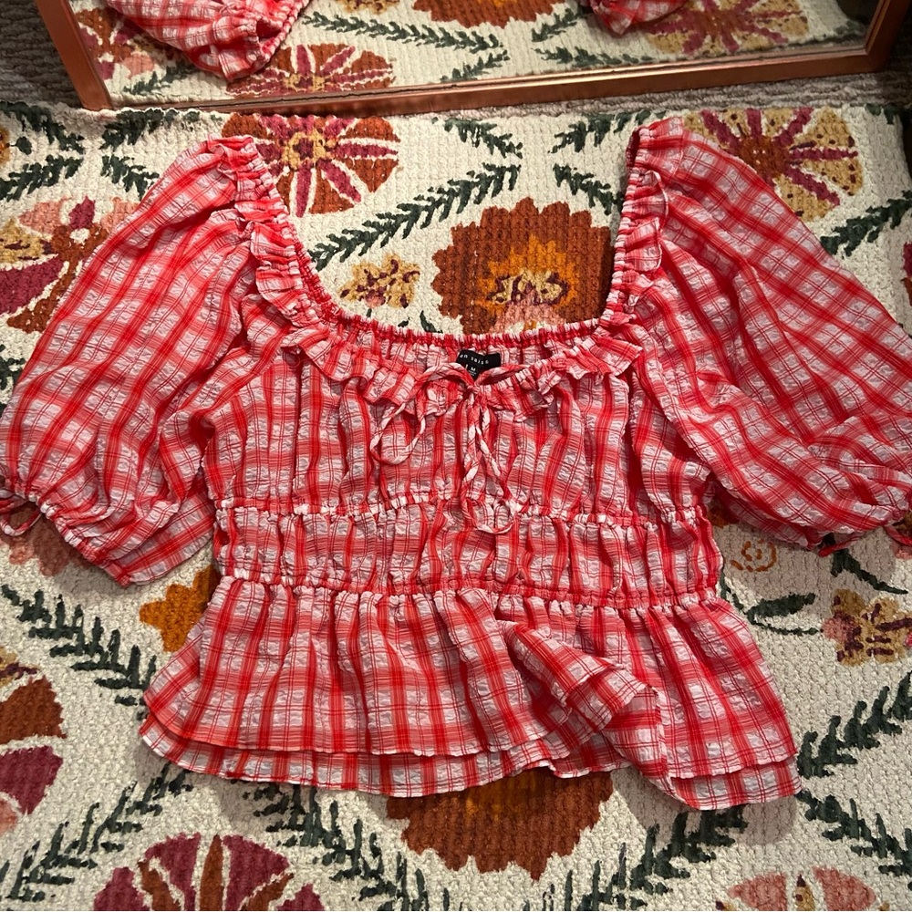 En Saison Red Plaid Ruffled Women's Top